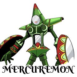 Rule 34 | digimon, highres, mercuremon, mirror, no eyes, shield, simple background, solo, white background