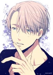 Rule 34 | 1boy, black shirt, blue eyes, collarbone, commentary request, finger to mouth, fingernails, grey hair, hair over one eye, hand up, light blush, looking to the side, male focus, mashima shima, parted lips, shirt, short hair, solo, star (symbol), starry background, starry sky print, twitter username, upper body, viktor nikiforov, white background, yuri!!! on ice
