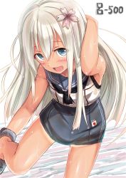 Rule 34 | 10s, 1girl, blue eyes, crop top, flower, hair flower, hair ornament, highres, ichikawa feesu, kantai collection, long hair, open mouth, ro-500 (kancolle), sailor collar, silver hair, swimsuit, swimsuit under clothes, tan, tanline, thighs, tongue