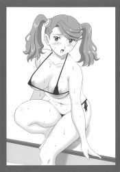 Rule 34 | 1girl, artist request, bare legs, barefoot, bikini, breasts, gundam, gundam build fighters, gundam build fighters try, hair ornament, highres, large breasts, long hair, looking at viewer, monochrome, navel, nipples, open mouth, sazaki kaoruko, side-tie bikini bottom, simple background, sitting, solo, swimsuit, toes, twintails, white background