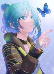 Rule 34 | 1girl, absurdres, black choker, blue background, blue butterfly, blue hair, brown jacket, bug, butterfly, choker, collarbone, dead by daylight, double bun, grey shirt, hair behind ear, hair bun, highres, insect, jacket, lens flare, looking up, mardrom, nea karlsson, parted lips, pointing, shirt, short hair, sleeves past wrists, solo