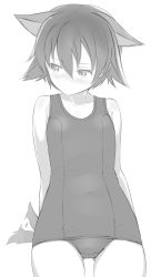Rule 34 | 1girl, blush, commentary, cowboy shot, english commentary, fankupl, flat chest, greyscale, hair between eyes, hair flaps, highres, looking to the side, miyafuji yoshika, monochrome, school swimsuit, short hair, simple background, solo, strike witches, swimsuit, tail, tail wagging, world witches series