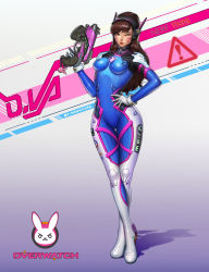 Rule 34 | 1girl, ;), absurdres, acronym, animal print, armor, artist name, bodysuit, boots, bracer, breasts, breasts apart, brown eyes, brown hair, character name, charm (object), copyright name, crossed legs, d.va (overwatch), emblem, facepaint, facial mark, full body, gloves, gun, hand on own hip, hand up, handgun, headphones, highres, holding, holding gun, holding weapon, legs together, lips, lipstick, logo, long hair, long sleeves, makeup, medium breasts, mosh fink, one eye closed, overwatch, overwatch 1, pauldrons, pilot suit, pink lips, rabbit print, ribbed bodysuit, shoulder armor, shoulder pads, skin tight, smile, solo, standing, thigh boots, thigh gap, thigh strap, thighhighs, turtleneck, watson cross, weapon, whisker markings, white footwear, white gloves