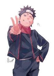 Rule 34 | 1boy, black eyes, black hair, blue jacket, blue pants, eyebrows, forehead protector, grin, hand on own hip, highres, jacket, konohagakure symbol, long sleeves, looking at viewer, male focus, naruto (series), ninja, one eye closed, pants, short hair, simple background, smile, solo, uchiha obito, v, white background, aged down, zifletts