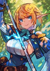 Rule 34 | 1girl, aiguillette, aqua bow, arm up, bangle, belt, blonde hair, blue capelet, blue eyes, blue pupils, bob cut, bow, bracelet, breasts, brown belt, buttons, capelet, closed mouth, colored eyelashes, earrings, elf, fur collar, highres, jewelry, large breasts, long sleeves, original, pointy ears, ringed eyes, rumie, single earring, smile, solo, staff, turtleneck