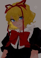 Rule 34 | 1girl, angry, bad id, bad twitter id, black shirt, blonde hair, blue eyes, bow, commentary request, gotagotay, grey background, hair between eyes, hair ribbon, highres, lips, looking at viewer, medicine melancholy, parted lips, puffy short sleeves, puffy sleeves, red bow, red neckwear, red ribbon, ribbon, scowl, shirt, short hair, short sleeves, simple background, solo, teardrop, touhou, upper body, v-shaped eyebrows, wavy hair