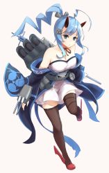 Rule 34 | 1girl, ahoge, azur lane, bare shoulders, belt, black neckwear, blue eyes, blue hair, blush, breasts, brown thighhighs, cannon, cleavage, closed umbrella, collarbone, depth charge, dress, full body, hair between eyes, hair ornament, highres, horns, inazuma (azur lane), jewelry, kou v05first, light smile, long hair, long sleeves, looking at viewer, machinery, medium breasts, necklace, obi, oil-paper umbrella, oni horns, pink background, ponytail, red footwear, sash, searchlight, simple background, skirt, solo, standing, standing on one leg, thighhighs, torpedo tubes, turret, umbrella, white dress, wide sleeves, zettai ryouiki