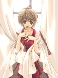 Rule 34 | brown hair, curtains, dress, flower, jewelry, maki chitose, mouth hold, necklace, short hair, solo, window
