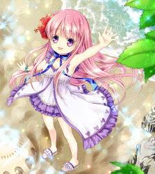 Rule 34 | 1girl, arm up, armpits, beach, bracelet, commentary request, dress, flower, from above, hair flower, hair ornament, hakamada hinata, highres, jewelry, long hair, looking up, masaki mitsuki, open mouth, outdoors, pink eyes, pink hair, purple dress, rou-kyuu-bu!, sand sculpture, sandals, smile, solo, sundress, very long hair