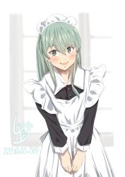 Rule 34 | 1girl, apron, black shirt, blush, commentary request, dated, green eyes, green hair, highres, kantai collection, ld (luna dial398), long hair, maid, maid headdress, one-hour drawing challenge, open mouth, shirt, signature, smile, solo, suzuya (kancolle), white apron