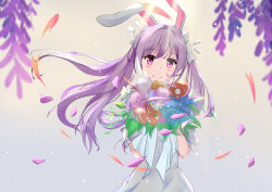 Rule 34 | 1girl, absurdres, animal ears, backlighting, bouquet, diving penguin, dress, flower, highres, long hair, looking at viewer, petals, purple eyes, purple hair, rabbit ears, reisen udongein inaba, ribbon, smile, solo, touhou, twintails, wedding dress, white background, white dress, white ribbon