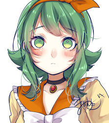 Rule 34 | 1girl, absurdres, alternate costume, blush, bow, bowtie, choker, closed mouth, frilled sailor collar, frills, green hair, gumi, hair bow, highres, looking at viewer, mai mugi, orange bow, orange sailor collar, sailor collar, shirt, short hair, sidelocks, signature, simple background, solo, vocaloid, white background, white bow, white bowtie, yellow shirt