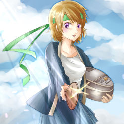 Rule 34 | 1girl, artist name, artist request, blue jacket, blue skirt, blue sky, blush, breasts, brown hair, cloud, collarbone, day, female focus, green headband, hair between eyes, headband, holding, jacket, koizumi hanayo, looking at viewer, love live!, love live! school idol project, medium breasts, miniskirt, open clothes, open jacket, outdoors, parted lips, plaid, plaid skirt, pleated, pleated skirt, purple eyes, shirt, short hair, skirt, sky, smile, solo, sunlight, white shirt