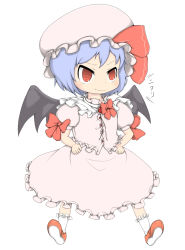 Rule 34 | 1girl, bat wings, blue hair, bow, fang, female focus, hat, highres, magic tambourin, omiya (louise-louis-lucille), red eyes, remilia scarlet, short hair, solo, touhou, wings