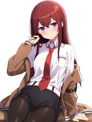 Rule 34 | 1girl, absurdres, arm support, belt, black pantyhose, black shorts, blush, brown hair, brown jacket, collared shirt, commentary request, cowboy shot, expressionless, gyorui (katsuwo drawing), highres, jacket, long hair, looking at viewer, makise kurisu, necktie, off shoulder, open clothes, open jacket, pantyhose, pantyhose under shorts, purple eyes, red necktie, shirt, short shorts, shorts, simple background, sitting, solo, steins;gate, thigh gap, white background, white shirt