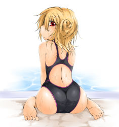 Rule 34 | 1girl, ass, back, barefoot, blonde hair, competition swimsuit, feet, from behind, kaminagi (kaminagi-tei), looking back, one-piece swimsuit, original, pool, poolside, red eyes, short hair, sitting, soles, solo, swimsuit, toes, wariza, wet