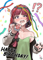 Rule 34 | !?, 1girl, ^^^, absurdres, alcohol carton, animal ears, black nails, blush, bocchi the rock!, breasts, breasts apart, confetti, dress, gisuta sunshine, green dress, happy birthday, highres, hiroi kikuri, holding carton, jacket, long sleeves, looking at viewer, nose blush, open clothes, open jacket, open mouth, purple eyes, raised eyebrow, red hair, sharp teeth, signature, simple background, small breasts, solo, strap slip, streamers, surprised, sweatdrop, teeth, upper body, upper teeth only, white background