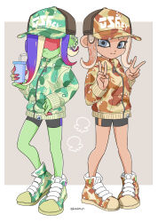 Rule 34 | 2girls, agent 8 (splatoon), alternate costume, baseball cap, bike shorts, blue eyes, blue hair, border, brown footwear, brown hair, brown hat, brown jacket, closed mouth, colored skin, colored tips, commentary request, cup, dedf1sh, double v, drinking straw, ear piercing, earrings, full body, green footwear, green hat, green jacket, green skin, grey background, hat, highres, holding, holding cup, hoop earrings, jacket, jewelry, long hair, multicolored hair, multiple girls, nintendo, octoling, octoling girl, octoling player character, outside border, piercing, print headwear, red-tinted eyewear, red hair, sanitized (splatoon), shoes, simple background, splatoon (series), splatoon 3, splatoon 3: side order, standing, sunglasses, tentacle hair, tinted eyewear, two-tone hair, v, white border, xxmarchxx