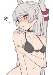 Rule 34 | 1girl, amatsukaze (kancolle), bikini, black bikini, black choker, breasts, chigasaki yukari, choker, collarbone, commentary request, hair tubes, highres, kantai collection, long hair, looking to the side, navel, silver hair, simple background, small breasts, smokestack hair ornament, solo, swimsuit, two side up, upper body, white background