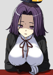 Rule 34 | 1girl, black dress, breasts, collared shirt, dress, dress shirt, halo, kantai collection, large breasts, looking at viewer, mechanical halo, moti coi, one-hour drawing challenge, purple eyes, purple hair, shirt, short hair, solo, tatsuta (kancolle), upper body, white shirt