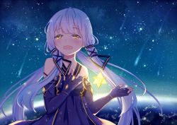 Rule 34 | 1girl, ahoge, bare shoulders, blue dress, blue hair, blush, dress, elbow gloves, fingerless gloves, floating hair, gloves, glowing, hair ornament, hair ribbon, hand on own chest, long hair, looking at viewer, mimengfeixue, night, night sky, open mouth, quad tails, ribbon, sky, sleeveless, sleeveless dress, solo, space, star (sky), star (symbol), starry sky, very long hair, vocaloid, x hair ornament, xingchen, yellow eyes