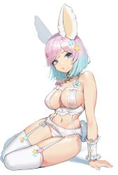 Rule 34 | 1girl, absurdres, animal ears, arm behind back, arm support, blue eyes, breasts, cleavage, collar, commission, covered erect nipples, full body, garter belt, head tilt, highres, large breasts, leaning to the side, lingerie, looking at viewer, mole, mole on breast, navel, original, panties, parted bangs, purple hair, rabbit, rabbit tail, romana, seiza, shadow, short hair, sitting, solo, tail, thighhighs, underwear, underwear only, white background, white panties, white thighhighs, wrist cuffs