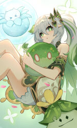 Rule 34 | 1girl, absurdres, animal, animal hug, aranara (genshin impact), bloomers, bracelet, cape, commentary request, czk, detached sleeves, dress, fungi (genshin impact), genshin impact, gradient hair, green cape, green eyes, hair between eyes, hair ornament, highres, jewelry, knees up, leaf hair ornament, long hair, looking at viewer, multicolored hair, nahida (genshin impact), parted lips, short dress, short sleeves, side ponytail, sidelocks, simple background, sitting, slime (genshin impact), streaked hair, symbol-shaped pupils, two-tone hair, underwear, white background, white bloomers, white dress, white hair