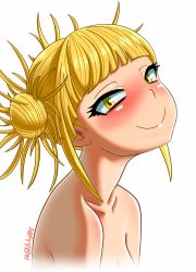 Rule 34 | 10s, 1girl, absurdres, bare shoulders, blonde hair, blush, boku no hero academia, double bun, glitchynpc, hair bun, highres, looking at viewer, simple background, smile, solo, toga himiko, upper body, white background, yellow eyes