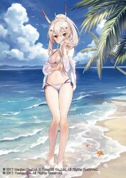 Rule 34 | 1girl, alternate costume, ayanami (azur lane), azur lane, beach, bikini, breasts, cleavage, cloud, cloudy sky, day, full body, highres, holding, holding own hair, looking at viewer, medium breasts, multi-strapped bikini bottom, off-shoulder shirt, off shoulder, official art, open clothes, open shirt, pink hair, ponytail, shirt, sky, swimsuit, yuko (uc yuk)