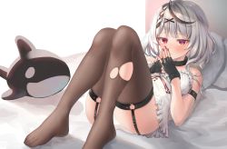 Rule 34 | 1girl, arm strap, black choker, black gloves, black hair, blush, braid, choker, closed mouth, doll, dress, feet, fingerless gloves, fingers together, garter straps, gloves, hair ornament, highres, hololive, looking at viewer, lying, multicolored hair, nail polish, nanaomi (ryniix), no shoes, off shoulder, on back, on bed, panties, pantyshot, red eyes, red nails, sakamata chloe, silver hair, solo, streaked hair, thighhighs, torn clothes, torn thighhighs, underwear, virtual youtuber, white dress, white panties, x hair ornament