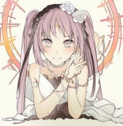 Rule 34 | 1girl, armlet, barefoot, black bow, black hairband, bow, choker, collarbone, dress, euryale (fate), euryale (third ascension) (fate), fate/hollow ataraxia, fate (series), flower, grey eyes, hair flower, hair ornament, hairband, hrmnas, jewelry, lolita hairband, long hair, looking at viewer, lying, on stomach, purple hair, ring, sleeveless, sleeveless dress, smile, solo, the pose, twintails, white dress, white flower