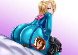 Rule 34 | 1boy, 1girl, ass, blonde hair, blue eyes, blush, bodysuit, breasts, brown hair, femdom, from behind, giant, giantess, green eyes, highres, huge ass, kein hasegawa, long hair, looking back, looking down, metroid, mini person, miniboy, nintendo, parted lips, ponytail, samus aran, shiny clothes, sideboob, sitting, sitting on person, skin tight, smile, zero suit