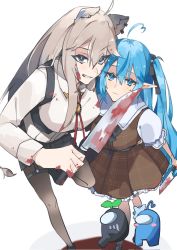 Rule 34 | 2girls, aasu (mhgbh510), ahoge, among us, animal ears, black bow, black pantyhose, black shorts, blood, blood in hair, blood on clothes, blood on hands, blood splatter, bloody knife, blouse, blue hair, bow, bracelet, breasts, brown dress, closed mouth, corset, dress, ear piercing, frilled dress, frills, full body, grey eyes, hair between eyes, hair bow, heart, heart ahoge, highres, holding, holding knife, hololive, jewelry, knife, large breasts, leg up, lion ears, lion girl, lion tail, long hair, looking at viewer, multiple girls, official alternate costume, open clothes, pantyhose, pendant, piercing, plaid, plaid dress, pleated dress, pointy ears, red neckwear, shirt, shirt tucked in, shishiro botan, shishiro botan (button-down), short shorts, short sleeves, shorts, sidelocks, silver hair, simple background, smile, standing, tail, thigh strap, twintails, virtual youtuber, white shirt, yellow eyes, yukihana lamy, yukihana lamy (casual)
