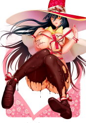 Rule 34 | 10s, 1girl, black hair, blush, body writing, breasts, chocolate, chocolate on body, chocolate on breasts, cleft of venus, female focus, green eyes, happy valentine, hat, highres, huge breasts, kagari ayaka, kodansha, loafers, long hair, looking at viewer, lucknight, nipples, panties, partially visible vulva, ribbon, shoes, socks, solo, thighhighs, topless, uncensored, underwear, valentine, wedgie, witch craft works, witch hat