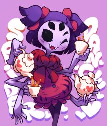Rule 34 | 1girl, arthropod girl, black eyes, bow, colored skin, commentary, cup, dress, english commentary, english text, extra arms, extra eyes, fangs, feet out of frame, hair bow, heart, heart print, highres, holding, holding teapot, insect girl, light blush, limb92, looking at viewer, monster girl, muffet, one eye closed, open mouth, pink background, pouring, puffy dress, puffy short sleeves, puffy sleeves, purple hair, purple skin, red bow, red dress, short hair, short sleeves, short twintails, simple background, smile, solid eyes, solo, spider girl, tea, teacup, teapot, text background, twintails, undertale