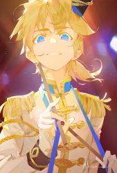Rule 34 | 1boy, a-shacho, blonde hair, blue eyes, commentary, dated, drumsticks, epaulettes, glint, gloves, grin, hat, highres, holding, holding drumsticks, kagamine len, long sleeves, male focus, ponytail, short ponytail, signature, smile, solo, upper body, vocaloid, white gloves