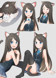 Rule 34 | 1girl, :d, absurdres, aina (mao lian), animal ear fluff, animal ears, arm support, black thighhighs, black vest, blue eyes, blush, brown hair, cat, cat ears, cat tail, closed mouth, collared shirt, ears down, fang, grey background, grey skirt, hand on own chest, hands up, highres, long hair, looking at viewer, mao lian (nekokao), miniskirt, open mouth, original, own hands together, pleated skirt, shirt, simple background, sitting, skin fang, skirt, sleeveless, sleeveless shirt, smile, tail, tail censor, thighhighs, vest, white cat, white shirt, wing collar
