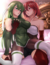 Rule 34 | 2girls, abs, absurdres, after kiss, ass, bare shoulders, bed, bed sheet, black legwear, blush, grabbing another&#039;s breast, breasts, cleavage, covered navel, detached sleeves, dress, covered erect nipples, eye contact, fingerless gloves, fire emblem, fire emblem: mystery of the emblem, gloves, grabbing, green eyes, green hair, headband, highres, large breasts, long hair, long sleeves, looking at another, medium breasts, minerva (fire emblem), multiple girls, navel, nintendo, open mouth, palla (fire emblem), pantyhose, patreon username, red eyes, red gloves, red hair, saliva, saliva trail, short dress, short hair, short shorts, shorts, sitting, sitting on person, sleeveless, sleeveless dress, strapless, thighhighs, vilde loh hocen, yuri