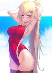 Rule 34 | 1girl, absurdres, akai haato, aqua eyes, arms behind head, blonde hair, breasts, commentary request, competition swimsuit, covered navel, cowboy shot, highleg, highleg swimsuit, highres, hololive, long hair, looking at viewer, medium breasts, mouth hold, one-piece swimsuit, ponytail, red one-piece swimsuit, rubber band, solo, swimsuit, very long hair, virtual youtuber, wet, wet clothes, yoshiheihe