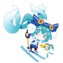 Rule 34 | 1girl, absurdly long hair, aqua eyes, aqua hair, aqua hat, black pantyhose, blue hat, blue skirt, blush, buttons, chibi, chinese commentary, floating hair, full body, fur collar, goggles, grin, hair between eyes, hat, hatsune miku, indai (3330425), jacket, long hair, pantyhose, pom pom (clothes), rabbit, rabbit yukine, scarf, simple background, ski goggles, skiing, skirt, smile, solid circle eyes, solo, twintails, very long hair, vocaloid, white background, white hat, winter clothes, yellow scarf, yuki miku, yuki miku (2016)