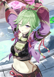 Rule 34 | 1girl, absurdres, arms up, black gloves, black nails, breasts, cleavage, commentary request, crop top, day, genshin impact, gloves, green hair, hair between eyes, highres, jacket, kuki shinobu, long sleeves, looking at viewer, medium breasts, midriff, nail polish, natsuki (natukituki), navel, one eye closed, open clothes, open jacket, outdoors, parted lips, partially fingerless gloves, ponytail, puffy long sleeves, puffy sleeves, purple eyes, purple jacket, smile, solo, water