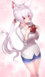1girl, absurdres, animal ear fluff, animal ears, bangs, black legwear, box, breasts, candy, cat ears, cat girl, cat tail, chocolate, chocolate heart, closed mouth, cowboy shot, denim, denim shorts, eyelashes, food, from above, green eyes, grey shirt, hair between eyes, hair ribbon, heart, heart-shaped box, highres, impossible clothes, impossible shirt, king&#039;s raid, kirze, large breasts, long hair, long sleeves, looking at viewer, pink background, ponytail, red eyes, red ribbon, ribbon, shirt, short shorts, shorts, silver hair, sleeves folded up, smile, solo, tail, valentine, yu mochi (kamiinu)