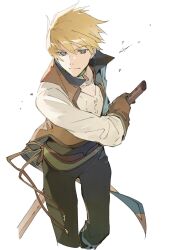 Rule 34 | 1boy, belt, blonde hair, blue eyes, brown gloves, brown vest, choker, closed mouth, collarbone, debris, feet out of frame, fighting stance, gloves, green choker, guy cecil, hair between eyes, highres, holding, holding sword, holding weapon, long sleeves, looking at viewer, male focus, pants, popped collar, sheath, sheathed, shirt, short hair, solo, sword, tales of (series), tales of the abyss, v-neck, vest, weapon, white background, white shirt, xing 20