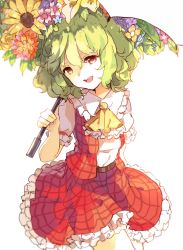 Rule 34 | 1girl, ascot, belt, flower, green hair, kazami yuuka, looking at viewer, open clothes, open mouth, open vest, parasol, puffy short sleeves, puffy sleeves, red eyes, reeh (yukuri130), shirt, short sleeves, skirt, smile, solo, touhou, umbrella, vest