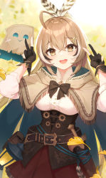 Rule 34 | 1girl, :d, absurdres, ahoge, arms up, autumn leaves, backlighting, belt, belt buckle, black bow, black bowtie, black gloves, blush, bow, bowtie, breasts, brown capelet, brown eyes, brown hair, buckle, capelet, commentary, corset, cowboy shot, dagger, day, double v, feather hair ornament, feathers, friend (nanashi mumei), fringe trim, ginkgo leaf, gloves, hair ornament, hairclip, highres, hololive, hololive english, knife, lantern, leaf, long hair, long sleeves, looking at viewer, medium breasts, nanashi mumei, open mouth, outdoors, partially fingerless gloves, pouch, red skirt, revision, round teeth, sheath, sheathed, shinyu xingyu, shirt, skirt, smile, solo focus, teeth, underbust, upper teeth only, v, virtual youtuber, weapon, white shirt