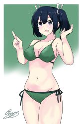 Rule 34 | 1girl, :d, absurdres, alternate costume, bikini, blue eyes, blue hair, blush, breasts, cleavage, green background, green bikini, hair ribbon, highres, index finger raised, kantai collection, large breasts, looking at viewer, midriff, navel, noruren, open mouth, ribbon, signature, simple background, smile, solo, souryuu (kancolle), swimsuit, twintails, white ribbon