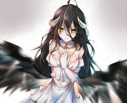 Rule 34 | 1girl, albedo (overlord), bare shoulders, black hair, blush, breasts, demon girl, demon horns, gloves, gradient background, hand on own chest, hip vent, horns, long hair, looking at viewer, low wings, overlord (maruyama), smile, solo, tsuezu, wings, yellow eyes