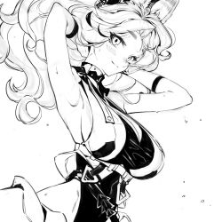 Rule 34 | 1girl, animal ears, arknights, armpits, arms up, blush, breasts, cat ears, cleavage, closed mouth, cowboy shot, earpiece, female focus, greyscale, hands in hair, korean commentary, large breasts, leotard, long hair, looking at viewer, monochrome, parted bangs, quercus (arknights), sideboob, simple background, single hair intake, sleeveless, smile, solo, standing, su-85 (su 85), sweat, sweatdrop, thick eyebrows, wavy hair, white background, wristband