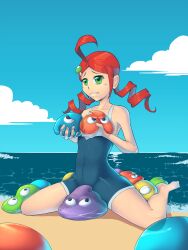 Rule 34 | 1girl, ahoge, andou ringo, bakuhaku, beach, convenient censoring, feet, green eyes, hair ornament, highres, ocean, one-piece swimsuit, puyo (puyopuyo), puyopuyo, red hair, sega, shiny skin, skin tight, smile, spread legs, swimsuit, thick thighs, thighs, toes, twintails, water