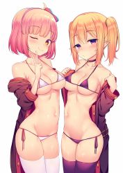 Rule 34 | ;), bikini, black choker, black jacket, blonde hair, breasts, chieru (princess connect!), chloe (princess connect!), choker, closed mouth, collarbone, commentary request, hairband, highres, jacket, large breasts, looking at viewer, medium breasts, micro bikini, navel, one eye closed, pink hair, pointy ears, princess connect!, purple bikini, purple eyes, purple legwear, red hairband, short hair, simple background, smile, stomach, suteba (grzjkbhgf), swimsuit, thighhighs, twintails, white background, white bikini, white legwear, yellow eyes